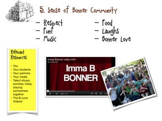 5. Sense of Bonner Community
Relevant
Resources:
• You

• Your students

• Your partners

• Your meals

• Talent shows,
bonﬁres, hikes,
staying
somewhere
together

• The B-Love
Videos!

- Respect
- Fun!
- Music
- Food
- Laughs
- Bonner Love
 
