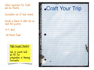 High-Impact Practice
Link to course such
as FYE for
preparation or learning
community
Craft Your Trip
3-7 days
Somewhere out of local context
Cohort experience for frosh
and new Bonners
Use Bonner Funds
Provide a chance to delve into an
issue like poverty
 