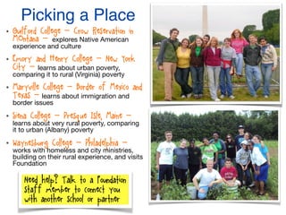 • Guilford College - Crow Reservation in
MOntana - explores Native American
experience and culture

• Emory &and Henry College - New York
City - learns about urban poverty,
comparing it to rural (Virginia) poverty
• Maryville College - Border of Mexico and
Texas - learns about immigration and
border issues
• Siena College - Presque Isle, Maine -
learns about very rural poverty, comparing
it to urban (Albany) poverty
• Waynesburg College - Philadelphia -
works with homeless and city ministries,
building on their rural experience, and visits
Foundation
Picking a Place
Need help? Talk to a Foundation
staff member to connect you
with another school or partner
 