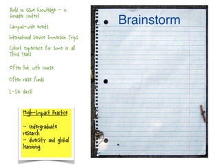 High-Impact Practice
- Undergraduate
research
- diversity and global
learnining
Brainstorm
1-14 days!
International Service Immersion Trips
Cohort experience for some or all
Third Years
Often raise funds
Build on issue knowledge - in
broader context
Often link with course
Campus-wide events
 