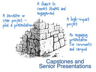Capstones and
Senior Presentations
A semester or
year project -
plus a presentation
A chance to
connect studies and
engagement
A high-impact
project
An engaging
presentation
for community
and campus
 