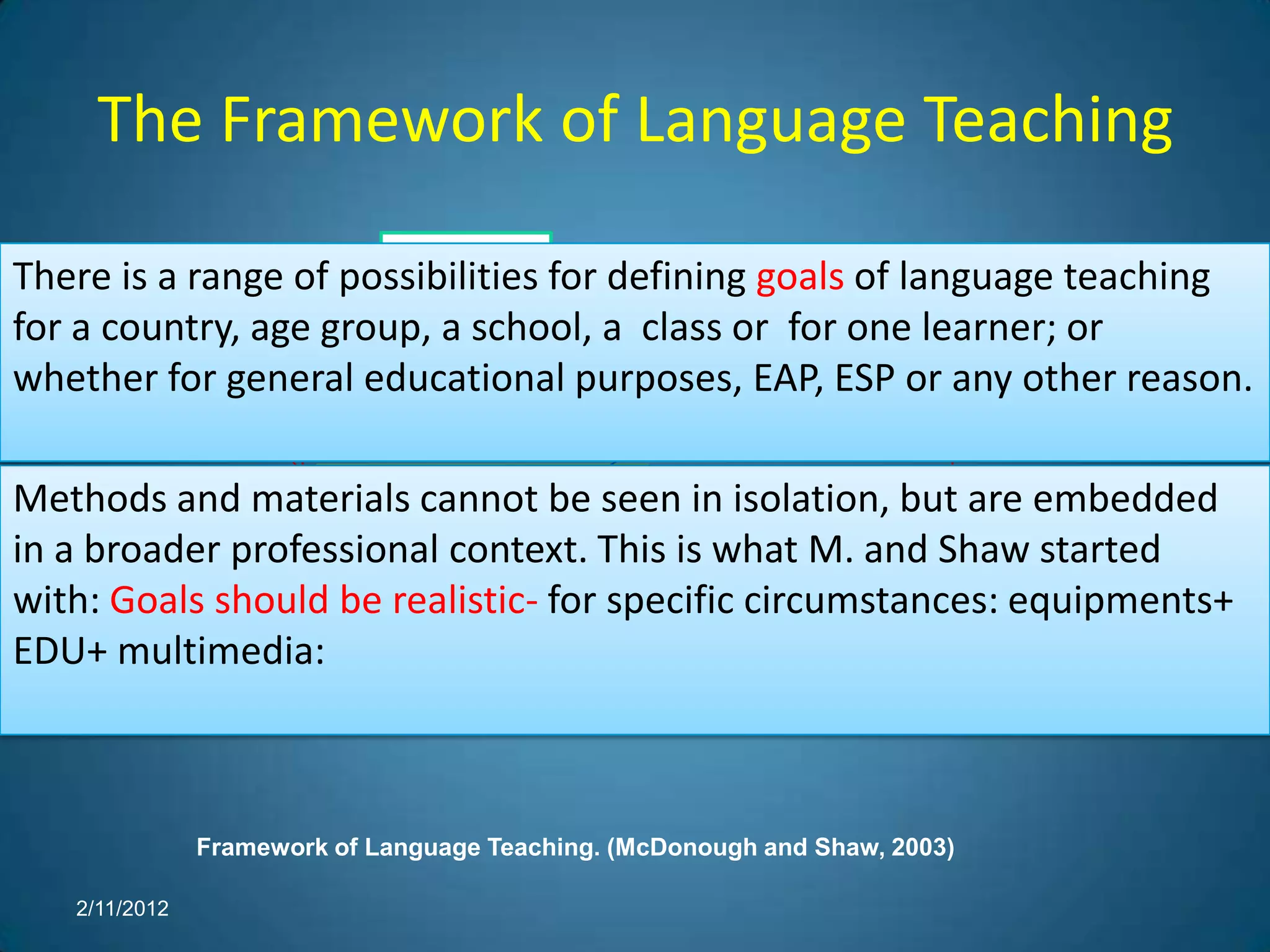 The Framework of Language Teaching
                       Learners
There is a range of possibilities for defining goals of language teaching
  Context
for a country, age group, a school, a class or for one learner; or
                                                 Implementation of GOALS
whether for general educational purposes, EAP, ESP or any other reason.

Methods and materials cannot be seen in isolation, but are embedded
                   Educational setting
                                                  Syllabus construction
in a broader professional context. This is what M. and Shaw started
with: Goals should be realistic- for specific circumstances: equipments+
EDU+ multimedia:



               Framework of Language Teaching. (McDonough and Shaw, 2003)

   2/11/2012
 