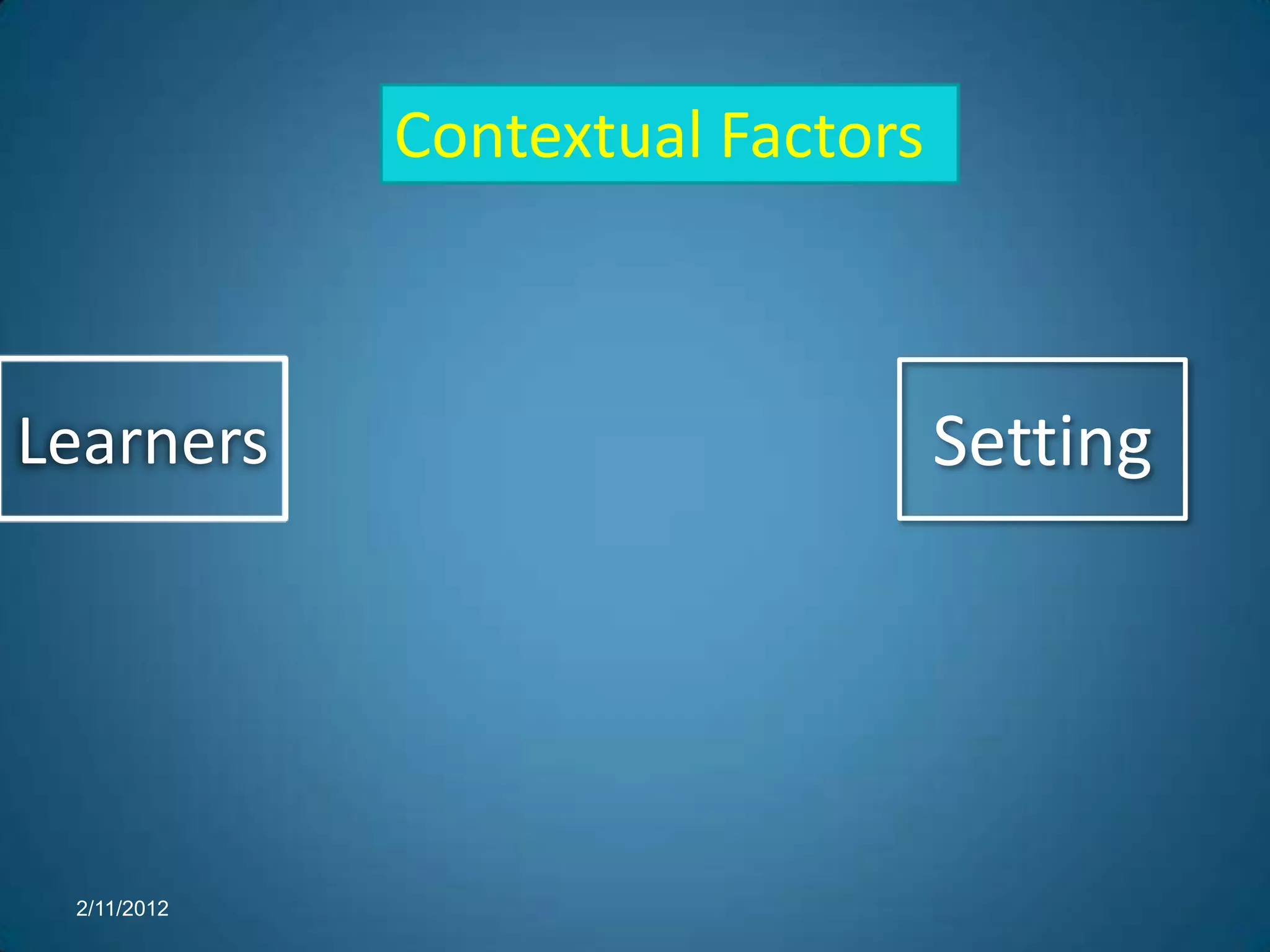 Context
             Contextual Factors



Learners                          Setting




 2/11/2012
 