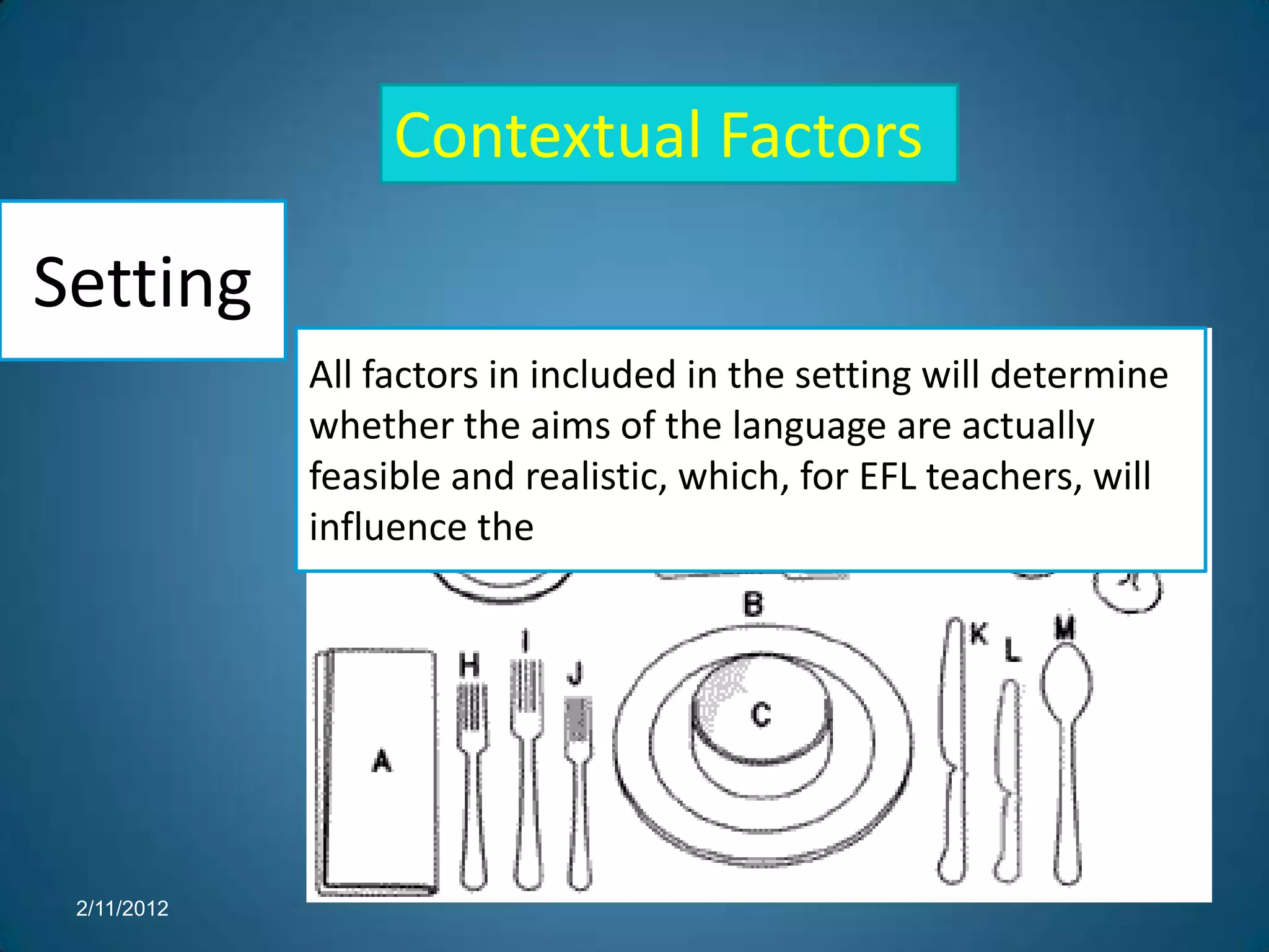 Context
                  Contextual Factors

Setting
             All factors in included in the setting will determine
             whether the aims of the language are actually
             feasible and realistic, which, for EFL teachers, will
             influence the




 2/11/2012
 