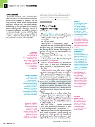 6
106 GE PORTUGUÊS 2018
MODERNISMO – PROSA TERCEIRA FASE
A Hora da Estrela
Clarice Lispector
Esqueci de dizer que era realmente de se espan-
tar que para corpo quase murcho de Macabéa tão
vasto fosse o seu sopro de vida quase ilimitado e
tão rico como o de uma donzela grávida, engravi-
dada por si mesma, por partenogênese: tinha so-
nhos esquizoides nos quais apareciam gigantescos
animais antediluvianos como se ela tivesse vivido
em épocas as mais remotas desta terra sangrenta.
Foi então (explosão) que se desmanchou de re-
pente o namoro entre Olímpico e Macabéa. Na-
moro talvez esquisito, mas pelo menos parente de
algum amor pálido. Ele avisou-lhe que encontra-
ra outra moça e que esta era Glória. (Explosão)
Macabéa bem viu o que aconteceu com Olímpico
e Glória: os olhos de ambos se haviam beijado.
Diante da cara um pouco inexpressiva demais
de Macabéa, ele até que quis lhe dizer alguma
gentileza suavizante na hora do adeus para sem-
pre. (...)
– Você, Macabéa, é um cabelo na sopa. Não dá
vontade de comer. Me desculpe se eu lhe ofendi,
mas sou sincero. Você está ofendida?
– Não, não, não! Ah, por favor quero ir embora!
Por favor me diga logo adeus!
(...)
Macabéa, esqueci de dizer, tinha uma infelici-
dade: era sensual. Como é que num corpo caria-
do como o dela cabia tanta lascívia, sem que ela
soubesse que tinha? Mistério. Havia, no começo
do namoro, pedido a Olímpico um retratinho 3x4
onde ele saiu rindo para mostrar o canino de ouro
e ela ficava tão excitada que rezava três pai-nos-
sos e umas ave-marias para se acalmar.
Na hora em que Olímpico lhe dera o fora, a re-
ação dela (explosão) veio de repente inesperada:
pôs-se sem mais nem menos a rir. Ria por não ter
se lembrado de chorar.
(...)
Depois que Olímpico a despediu, já que ela não
era uma pessoa triste, procurou continuar como se
nada tivesse perdido. (Ela não sentiu desespero, etc.
etc.) Também que é que ela podia fazer? Pois ela era
crônica. E mesmo tristeza também era coisa de rico,
era para quem podia, para quem não tinha o que fa-
zer. Tristeza era luxo.
Rocco, 2006
SARCASMO
O narrador Rodrigo S.M. é
sarcástico ao zombar de
sua personagem central,
Macabéa, ressaltando
suas qualidades anti-
heroicas: corpo magricela
e sonhos esquisitos.
O paradoxo estabelecido
entre o corpo murcho
e o sopro de vida vasto
reforça o tom irônico.
Em seu último romance, a autora cria um narrador
fictício que relata o cotidiano, os sonhos e os conflitos
da jovem nordestina Macabéa.
LINGUAGEM COLOQUIAL
O namorado de Macabéa
a humilha, embora
seja nordestino e
marginalizado como
ela. Ao usar o pronome
pessoal oblíquo “me”
no início da frase e
o pronome oblíquo
“lhe” como objeto
direto (ao contrário
do que prega a norma
gramatical), Olímpico
se revela usuário da
norma popular da
língua, confirmada pela
oralidade na expressão
“cabelo na sopa”.
DIÁLOGO COM O LEITOR
O narrador não perde a
sua personagem de vista
em momento algum,
até o fim da narrativa,
quando finalmente ela
terá sua epifania, recurso
comum a narrativas
psicológicas. O diálogo
com o leitor, em diversos
momentos, faz do
narrador um personagem,
que questiona inclusive
seu estilo de narrar.
NOMES GLAMOUROSOS
Repare no nome do
ex-namorado de
Macabéa e no de
sua nova namorada.
Eles se contrapõem à
simplicidade do nome
da protagonista.
ESCOLHA LEXICAL
Para descrever a
esquisitice de Macabéa,
o narrador utiliza-se de
substantivos e adjetivos
sem nenhum brilho,
ao melhor estilo do
realismo-naturalismo no
século XIX, recorrendo
a uma associação de
termos científicos e
psicológicos, os quais
definem a personagem
como uma “coisa”, um
bicho estranho, tudo,
menos gente.





[1]
 