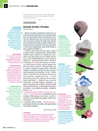 6
108 GE PORTUGUÊS 2018
MODERNISMO – PROSA TERCEIRA FASE
Guimarães Rosa
Escritor e diplomata, João Guimarães Rosa
(1908-1967) é um dos maiores nomes da litera-
tura brasileira de todos os tempos. Criou um
estilo particular, unindo termos típicos do sertão
nordestino, palavras praticamente em desuso e
neologismos, explorando a narrativa em toda a
sua extensão linguística. Retratou o sertão de
forma universalizante, revelando os costumes
e cenários sertanejos em seus mistérios. Suas
principais obras são os livros de contos Sagara-
na (1946) e Primeiras Estórias (1962), além do
romance Grande Sertão: Veredas (1956).
A Hora e Vez de
Augusto Matraga
Guimarães Rosa
MasaíNhôAugustocalou,comopeitocheio;to-
mou um ar de acanhamento; suspirou e perguntou:
− Mais galinha, um pedaço, amigo?
− ‘Tou feito.
− E você, seu barra?
- Agradecido...(...) ‘Tou cheio até à tampa!
Enquanto isso, seu Joãozinho Bem-Bem, de ca-
beça entornada, não tirava os olhos de cima de
Nhô Augusto. E Nhô Augusto, depois de servir a
cachaça, bebeu também, dois goles, e pediu uma
das papo-amarelo, para ver:
− Não faz conta de balas, amigo? Isto é arma
que cursa longe...
− Pode gastar as óito. Experimenta naquele
pássaro ali, na pitangueira...
− Deixa a criaçãozinha de Deus. Vou ver só se
corto o galho... Se errar, vocês não reparem, por-
que faz tempo que eu não puxo dedo em gatilho...
Fez fogo.
− Mão mandona, mano velho. Errou o primeiro,
mas acertou um em dois... Ferrugem em bom ferro!
Mas, nesse tento, Nhô Augusto tornou a fazer o
pelo-sinal e entrou num desânimo, que o não lar-
gou mais. Continuou, porém, a cuidar bem dos seus
hóspedes, e como o pessoal se acomodara ali mes-
mo, nas redes, ao relento, com uma fogueira acesa
no meio do terreiro, ele só foi dormir tarde da noite,
quando não houve mais nenhum para contar histó-
rias de conflitos, assaltos e duelos de exterminação.
Cedinho na manhã seguinte, o grupo se despe-
diu. (...)
Nhô Augusto não tirou os olhos, até que desa-
parecessem. E depois se esparramou em si, pen-
sando forte. Aqueles, sim, que estavam no bom,
porque não tinham de pensar em coisa nenhuma
de salvação de alma, e podiam andar no mundo,
de cabeça-em-pé... (...)
Uma tarde, cruzou, (...), com um bode amarelo
e preto, preso por uma corda e puxando, na ponta
da corda, um cego, esguio e meio maluco. (...)
E explicou: tinha um menino-guia, mas esse-um
havia mais de um mês que escapulira; e teria rou-
bado também o bode, se o bode não tivesse berra-
do e ele não investisse de porrete. Agora, era aque-
le bicho de duas cores quem escolhia o caminho...
Sagarana. Nova Fronteira, 2015.
Sagarana marca uma revolução na literatura brasileira,
pelo emprego criativo de neologismos e tratamento de
temas e uso da linguagem característicos do sertão.
REDENÇÃO
O personagem principal
deseja sacrificar-se
para tentar alcançar a
salvação. Isso só poderia
ser feito por meio da
fé, do esforço e de um
conjunto de virtudes que
o tornam semelhante a
um herói mítico.
LINGUAGEM INFORMAL
Ao incorporar a oralidade
ao texto, o autor registra
expressões comumente
usadas pelos habitantes
do sertão.
PROTAGONISTA X
ANTAGONISTA
O conto trata da
rivalidade entre Matraga,
que no passado fora um
homem mau, e Joãozinho
Bem-Bem, líder de um
bando de jagunços. A
narrativa apresenta um
protagonista complexo e
ambíguo, dividido entre
o bem e o mal, em uma
luta de vida ou morte.
DISCURSO DIRETO
Os diálogos, marcados
com travessões,
reproduzem diretamente
a fala dos personagens.
Aqui, a voz do narrador
cede espaço à conversa
informal dos jagunços,
em uma estrutura de
discurso direto.
FORMAÇÃO
DE PALAVRAS
Em português, as
palavras também podem
ser formadas pelo
acréscimo de um sufixo
após o radical. É o que
acontece em palavras
como “pitangueira”,
“criaçãozinha”
e “mandona”.
ESPAÇO SERTANEJO
Guimarães Rosa
recria, em sua obra,
o espaço simples e
humilde do sertão, com
personagens e situações
característicos do
universo de vaqueiros e
jagunços. Para reforçar
a caracterização, a
linguagem e os costumes
do espaço sertanejo são
igualmente valorizados.
DISCURSO
INDIRETO LIVRE
O monólogo interior
de Augusto Matraga é
inserido à narrativa,
de maneira a mesclar
o pensamento da
personagem e a própria
voz do narrador.
DISCURSO INDIRETO
O leitor fica sabendo,
por meio do narrador,
o que o homem cego
teria dito a Augusto
Matraga. Quando ocorre
a mediação do narrador
e o relato do que foi
dito pelas personagens,
temos discurso indireto.









 