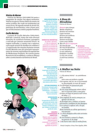 7
122 GE PORTUGUÊS 2018
MODERNISMO – POESIA MODERNISMO NO BRASIL
Manuel Bandeira
Poeta pioneiro do movimento modernista,
ManuelBandeira(1886-1968)renovouasformas
composicionaisaotratardetemasligados,sobre-
tudo, à passagem do tempo e às relações entre
vidaemorte.Tuberculoso,asombradadoençao
acompanhouportodaavidaedeixoumarcasem
suaprodução.OlirismodeBandeiradeuorigem
a alguns dos mais belos poemas em português,
como os reunidos na obra Libertinagem (1930).
Profundamente
Manuel Bandeira
Quando ontem adormeci
Na noite de São João
Havia alegria e rumor
Estrondos de bombas luzes de Bengala
Vozes, cantigas e risos
Ao pé das fogueiras acesas
No meio da noite despertei
Não ouvi mais vozes nem risos
Apenas balões
Passavam, errantes
Silenciosamente
Apenas de vez em quando
O ruído de um bonde
Cortava o silêncio
Como um túnel
Onde estavam os que há pouco
Dançavam
Cantavam
E riam
Ao pé das fogueiras acesas?
– Estavam todos dormindo
Estavam todos deitados
Dormindo
Profundamente.
***
Quando eu tinha seis anos
Não pude ver o fim da festa de São João
Porque adormeci
Hoje não ouço mais as vozes
daquele tempo
Minha avó
Meu avô
Totônio Rodrigues
Tomásia
Rosa
Onde estão todos eles?
– Estão todos dormindo
Estão todos deitados
Dormindo
Profundamente.
ADVÉRBIO DE MODO
E DE INTENSIDADE
No fim da primeira parte
do poema, o advérbio
“profundamente” indica
o modo de dormir das
pessoas; no fim do
texto, tem o sentido
intensificado por estar
ligado ao final da
existência.
LEMBRANÇAS
O poema remete ao
contexto temporal
das populares festas
juninas, responsáveis por
despertar as lembranças
do eu lírico.
PONTUAÇÃO
A ausência de pontuação
pretende explicitar o
fluxo de memórias do
sujeito poético, ligadas
à atmosfera de festa da
noite passada (veja Saiba
mais na pág ao lado).
PREDICADO
VERBO-NOMINAL
A passagem dos balões
é assinalada por um
predicado verbo-
nominal, que associa
uma ação (“passavam”) a
um predicativo do sujeito
(“errantes”).
PRONOMES
POSSESSIVOS
O eu lírico recorda, com
saudade, os membros da
família. Ao contrário das
pessoas desconhecidas
da festa do dia anterior
(fato que assinala a
solidão do eu lírico),
os entes queridos são
acompanhados por
pronomes possessivos ou
evocados afetivamente
com nomes próprios.
INFÂNCIA
Na segunda parte do
poema, o eu lírico trata
de uma festa junina mais
antiga, da sua infância.
PASSADO E PRESENTE
As palavras dessa estrofe
aparecem no fim do
poema, mas com uma
diferença: o verbo “estar”
no passado (“estavam
dormindo”) remete à
ideia de lembrança e,
no presente (“estão
dormindo”), à de morte.
PARALELISMO
As duas partes do
poema começam com
o advérbio “quando”.
Esse paralelismo objetiva
relacionar as diferentes
épocas da vida do sujeito.







PARA IR ALÉM
O curta O Habitante de Pasárgada, documentário
sobre o poeta Manuel Bandeira, dirigido pelo escritor
Fernando Sabino e por David Neves, está disponível
no YouTube. Inspirado no poema Vou-me Embora pra
Pasárgada, mostra cenas do poeta no seu cotidiano.
 