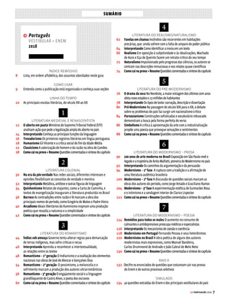 5
GE PORTUGUÊS 2018
Umplanopara
osseusestudos
Este GUIA DO ESTUDANTE PORTUGUÊS oferece uma ajuda e tanto
para as provas, mas é claro que um único guia não abrange toda a preparação
necessária para o Enem e os demais vestibulares.
É por isso que o GUIA DO ESTUDANTE tem uma série de publicações
que, juntas, fornecem um material completo para um ótimo plano de estudos.
O roteiro a seguir é uma sugestão de como você pode tirar melhor proveito de
nossos guias, seguindo uma trilha segura para o sucesso nas provas.
CAPA: 45 JUJUBAS
1 Decida o que vai prestar
O primeiro passo para todo vestibulando é escolher com clareza
a carreira e a universidade onde pretende estudar. Conhecendo o
grau de dificuldade do processo seletivo e as matérias que têm peso
maior na hora da prova, fica bem mais fácil planejar os seus estudos
para obter bons resultados.
 COMO O GE PODE AJUDAR VOCÊ O GE PROFISSÕES traz todos os
cursos superiores existentes no Brasil, explica em detalhes as carac-
terísticas de mais de 270 carreiras e ainda indica as instituições que
oferecem os cursos de melhor qualidade, de acordo com o ranking
de estrelas do GUIA DO ESTUDANTE e com a avaliação oficial do MEC.
2 Revise as matérias-chave
Para começar os estudos, nada melhor do que revisar os pontos
mais importantes das principais matérias do Ensino Médio. Você
pode repassar todas as matérias ou focar apenas em algumas delas.
Além de rever os conteúdos, é fundamental fazer muito exercício
para praticar.
 COMO O GE PODE AJUDAR VOCÊ Além do GE PORTUGUÊS, que você
já tem em mãos, produzimos um guia para cada matéria do Ensino
Médio: GE HISTÓRIA, Geografia, Redação, Matemática, Biologia,
Química e Física. Todos reúnem os temas que mais caem nas pro-
vas, trazem muitas questões de vestibulares para fazer e têm uma
linguagem fácil de entender, permitindo que você estude sozinho.
3 Mantenha-se atualizado
O passo final é reforçar os estudos sobre atualidades, pois as pro-
vas exigem alunos cada vez mais antenados com os principais fatos
que ocorrem no Brasil e no mundo. Além disso, é preciso conhecer
em detalhes o seu processo seletivo – o Enem, por exemplo, é bem
diferente dos demais vestibulares.
 COMOOGEPODEAJUDARVOCÊ O GE Enem e o GE Fuvest são verda-
deiros “manuais de instrução”, que mantêm você atualizado sobre
todos os segredos dos dois maiores vestibulares do país. Com duas
ediçõesnoano,oGE ATUALIDADEStrazfatosdonoticiárioquepodem
cair nas próximas provas – e com explicações claras, para quem não
tem o costume de ler jornais nem revistas.
APRESENTAÇÃO
Os guias ficam um ano nas bancas –
com exceção do ATUALIDADES, que
é semestral. Você pode comprá-los
também pelo site do Guia do Estudante:
guiadoestudante.com.br
FALE COM A GENTE:
Av. das Nações Unidas, 7221, 18º andar,
CEP 05425-902, São Paulo/SP, ou email para:
guiadoestudante.abril@atleitor.com.br
CALENDÁRIO GE 2017
Veja quando são lançadas
as nossas publicações
MÊS PUBLICAÇÃO
Janeiro
Fevereiro GE HISTÓRIA
Março GE ATUALIDADES 1
Abril GE GEOGRAFIA
Maio
GE QUÍMICA
GE PORTUGUÊS
Junho
GE BIOLOGIA
GE ENEM
GE REDAÇÃO
Julho GE FUVEST
Agosto
GE ATUALIDADES 2
GE MATEMÁTICA
Setembro GE FÍSICA
Outubro GE PROFISSÕES
Novembro
Dezembro
 