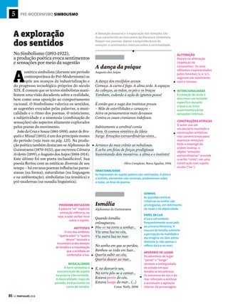 5
84 GE PORTUGUÊS 2018
PRÉ-MODERNISMO PARNASIANISMO
A arte pela arte







N
o Brasil, a poesia parnasiana (durante
um período contemporânea do Pré-Mo-
dernismo) representou uma oposição à
sentimentalidade romântica. A racionalidade e
o tratamento objetivo dos temas tinham bases
clássicas e buscavam alcançar a perfeição for-
mal. O ideal estético é a principal questão para
os parnasianos: os autores não demonstram
preocupação com os problemas sociais e valo-
rizam o princípio da “arte pela arte” (segundo
o qual a poesia é válida pela beleza expressa).
O soneto e a métrica regular são privilegiados.
São frequentes as alusões a temas mitológicos
clássicos e a informações eruditas. A linguagem
rebuscada e a adoção de um vocabulário pouco
usual exigem a atenção do leitor. Olavo Bilac é
o maior nome do Parnasianismo no Brasil (veja
mais sobre o autor na pág. 23). Forma a “tríade
parnasiana” ao lado de Alberto de Oliveira e
Raimundo Correia.
Os poemas abaixo têm características marcantes
do Parnasianismo, como a objetividade, questões
estéticas e o uso de vocabulário rebuscado.
As Pombas
Raimundo Correia
Vai-se a primeira pomba despertada ...
Vai-se outra mais... mais outra... enfim dezenas
De pombas vão-se dos pombais, apenas
Raia sanguínea e fresca a madrugada ...
E à tarde, quando a rígida nortada
Sopra, aos pombais de novo elas, serenas,
Ruflando as asas, sacudindo as penas,
Voltam todas em bando e em revoada...
Também dos corações onde abotoam,
Os sonhos, um por um, céleres voam,
Como voam as pombas dos pombais;
No azul da adolescência as asas soltam,
Fogem...Masaospombaisaspombasvoltam,
E eles aos corações não voltam mais...
Melhores Poemas, Global Editora, 2001



“SE” COMO REALCE
O uso de “vai-se...”, além
de permitir a obtenção
do verso decassílabo
(12 sílabas) e evitar a
cacofonia (“vai a ...”), tem
a função apenas de um
reforço de expressão.
Vaso Chinês
Alberto de Oliveira
Estranho mimo aquele vaso! Vi-o,
Casualmente, uma vez, de um perfumado
Contador sobre o mármore luzidio,
Entre um leque e o começo de um bordado.
Fino artista chinês, enamorado,
Nele pusera o coração doentio
Em rubras flores de um sutil lavrado,
Na tinta ardente, de um calor sombrio.
Mas, talvez por contraste à desventura,
Quem o sabe?... de um velho mandarim
Também lá estava a singular figura.
Quearteempintá-la!Agenteacasovendo-a,
Sentia um não sei quê com aquele chim
De olhos cortados à feição de amêndoa.
Melhores Poemas, Global Editora, 2007
VERBOS
Notearefinadaconstrução
sintática: o sujeito “elas”
(relativo às pombas) liga-
se aos verbos seguintes
(tanto os que estão no
gerúndio, indicando
ação em curso, quanto o
que está no presente do
indicativo, sugerindo uma
ação habitual).
DIFERENÇA
Uma diferença é
estabelecida: enquanto as
pombas retornam à tarde
aos pombais, os sonhos
juvenis não são retomados
e, geralmente, não voltam
aos corações humanos.
COMPARAÇÃO
O poema estabelece uma
comparação entre o voo
das pombas e o percurso
dos sonhos humanos.
MARCADOR TEMPORAL
O trecho remete à manhã (quando as pombas partem)
e se refere aos sonhos da juventude.
PERFEIÇÃO FORMAL
O eu lírico descreve o
momento de contemplação
de um refinado vaso chinês.
A perfeição das peças
decorativas inspira
a perfeição formal
que se procura alcançar
nos poemas.
METALINGUAGEM
A metalinguagem é um
recurso frequente em
poesias que falam de
procedimentos artísticos.
No Parnasianismo, é
comum uma obra de
arte tratar de outra e dos
mecanismos do fazer
poético. Aqui, o eu lírico
exalta o detalhismo
perfeccionista do
inspirado artesão.
SENSIBILIDADE
O eu lírico mostra como o
artista chinês conseguiu
estimular a sensibilidade
do espectador da obra
de arte.
DESCRIÇÃO DE
DETALHES
O poema realiza um
procedimento de análise
da obra de arte: para
compreender o todo
(no caso, a obra de arte
chinesa), o autor se
concentra na observação
dos detalhes constitutivos
das partes do objeto.
PRETÉRITO
MAIS-QUE-PERFEITO
O poeta diz que viu
(pretérito perfeito) o vaso,
no qual o artista antes já
tinha colocado o “coração
doentio”. “Pusera” é
uma ação anterior a “vi”,
portanto, pretérito mais-
que-perfeito.
Os poetas do Parnasianismo
(1882-1922) comparam seus poemas a
joias e trabalham minuciosamente as
palavras e as frases para atingir o belo
e a forma perfeita
 