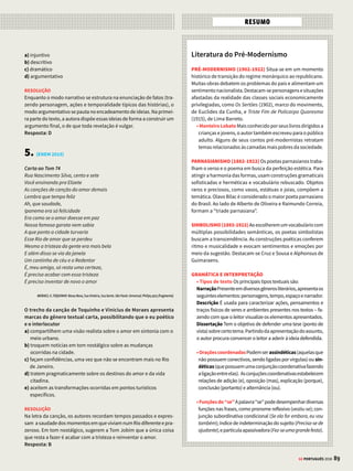 87
GE PORTUGUÊS 2018
CANÇÃO PINTURA
CONEXÕES
Bandalhismo
João Bosco e Aldir Blanc
Meu coração tem butiquins imundos,
Antros de ronda, vinte e um, purrinha,
Onde trêmulas mãos de vagabundo
Batucam samba-enredo na caixinha.
Perdigoto, cascata, tosse, escarro,
um choro soluçante que não para,
piada suja, bofetão na cara
e essa vontade de soltar um barro...
Como os pobres otários da Central
já vomitei sem lenço e sonrisal
o P.F. de rabada com agrião...
Mais amarelo do que arroz de forno,
voltei pro lar, e em plena dor de corno
quebrei o vídeo da televisão. 
ESCATOLOGIA
Expressões que escapam
ao ambiente lírico
(escarro, vomitei)
surgem em abundância
e conferem à canção
atmosfera decrépita.
HUMOR CORROSIVO
A imagem construída
com “quebrei o vídeo
da televisão” aponta
para a sátira ao apego
ao mundo onírico ou
distante da realidade.
A parceria de João Bosco com Aldir Blanc rendeu
inúmeros clássicos à música popular brasileira.
A canção Bandalhismo é um exemplo do vigor
da dupla. A intertextualidade com o decadentismo
(visão decadente sobre a realidade) e com a poética de
Augusto dos Anjos se dá nos planos formal (emprego
do soneto), temático (exploração da melancolia) e
linguístico (uso de expressões que fogem do lirismo).
O poeta pré-moderno não costumava ousar na forma,
mantendo o padrão clássico vigente no fim do século
XIX, mas inovou com versos repletos de termos
escatológicos e de atmosfera sombria.
O Simbolismo tratou das diversas sensações
experimentadas pelo ser humano. Em grau extremo,
as emoções de Ismália, personagem de Alphonsus de
Guimaraens, conduzem ao suicídio. No poema, a união
da figura feminina com as águas do mar simboliza o
reencontro do sujeito com a natureza. A integração
do ser humano com a realidade objetiva, com base na
exaltação dos sentimentos, foi abordada por inúmeros
artistas plásticos do século XIX. Na tela acima, o pintor
inglês John Everett Millais retrata a morte de Ofélia para
exprimir essa integração. O suicídio da personagem de
Hamlet, de William Shakespeare, serviu de inspiração
para a articulação entre realidade subjetiva e realidade
objetiva. Ao decompor-se, o cadáver de Ofélia entra
novamente em harmonia com o mundo natural e
restaura a unidade entre sujeito e mundo.
[1] JOHN EVERETT MILLAIS/TATE [2] © TEREZA BETTINARDI
[1]
[2]
 