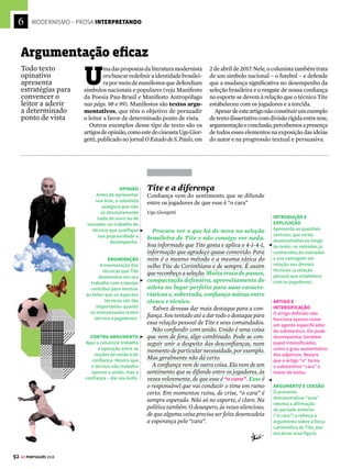 90
6
GE PORTUGUÊS 2018
LITERATURA DO MODERNISMO – PROSA
CONTEÚDO DESTE CAPÍTULO
 Interpretando: argumentação e persuasão............................................92
 Modernismo 1ª fase.........................................................................................94
 Modernismo 2ª fase.......................................................................................100
 Modernismo 3ª fase.......................................................................................104
 Como cai na prova + Resumo.....................................................................112
O
Museu de Arte Moderna de São Paulo
(MAM) promoveu, entre fevereiro e
abril de 2017, uma grande exposição em
homenagemàpintoraAnitaMalfatti(1889-1964),
uma das mais importantes artistas brasileiras do
século 20. Intitulada Anita Malfatti: 100 anos de
ArteModerna,aexibiçãocomemorouocentená-
rio de uma polêmica exposição individual feita
pelaartistaem1917,queéconsideradaaprimeira
mostra modernista realizada no país e o evento
precursor da Semana de Arte Moderna de 1922.
O impacto da Exposição de Pintura Moderna
realizada por Malfatti há um século na capital
paulistafoiprovocadopeloaspectoexpressionista
das 53 obras expostas, uma novidade para os pa-
drõesdaartebrasileiradaqueleperíodo.Apintora
haviaestudadonaAlemanhaenosEstadosUnidos
e incorporara em seu trabalho traços básicos da
arte moderna, como a liberdade de composição,
a pincelada livre, os tons fortes usados de forma
não convencional e a iluminação que fugia da
dicotomia do claro-escuro tradicional.
Na ocasião, a mostra foi recebida com es-
panto e curiosidade. Nomes que mais tarde se
consagrariam como expoentes do Modernismo
– entre eles o artista plástico Di Cavalcanti – a
elogiaram. Por outro lado, recebeu críticas im-
piedosas, como as feitas por Monteiro Lobato.
O escritor qualificou o trabalho da artista como
“arte degenerada” em seu famoso artigo Pa-
ranoia ou mistificação? (veja mais na pág. 95).
A mostra comemorativa no MAM resgatou
esse importante momento da história da arte
brasileira. Dividida em três partes, ela debru-
çou-se sobre a trajetória da artista, desde os
primeiros anos no exterior, que deram forma
ao Modernismo brasileiro, até chegar aos tra-
balhos realizados nos anos 1930 e 1940, focado
em temas populares e nos retratos de amigos,
familiares e pessoas da elite.
AnitaMalfatticontribuiuimensamenteparaque
asvanguardaseuropeiasseinstalassemnoBrasile
fossemdigeridasnumprocessoantropofágicobem
aoestilodosartistasmodernistas–aantropofagia
seriaadeglutiçãodoselementosculturaisestran-
geiros de modo que fossem recriados para dar
origemamanifestações
tipicamentebrasileiras.
O cotidiano recriado
como arte foi o mote
de sua pintura e tam-
bém da literatura dos
autores modernistas
daprimeirafase,como
Oswald de Andrade e
Mário de Andrade.
Exposição em homenagem à pintora Anita Malfaltti
comemora o centenário da primeira mostra da artista,
considerada o estopim do Modernismo no país
100 anos de arte
moderna no Brasil
CONTEMPLAÇÃO
Visitante observa obras
de Anita Malfatti em
exposição no Museu de
Arte Moderna (MAM) de
São Paulo, em março de
2017. Artista foi uma das
pioneiras do Modernismo
 