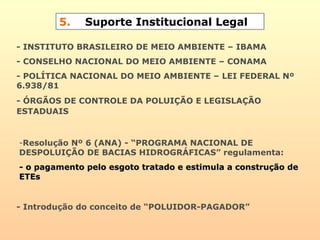 5. Suporte Institucional Legal
- INSTITUTO BRASILEIRO DE MEIO AMBIENTE – IBAMA
- CONSELHO NACIONAL DO MEIO AMBIENTE – CONAMA
- POLÍTICA NACIONAL DO MEIO AMBIENTE – LEI FEDERAL Nº
6.938/81
- ÓRGÃOS DE CONTROLE DA POLUIÇÃO E LEGISLAÇÃO
ESTADUAIS
-Resolução Nº 6 (ANA) - “PROGRAMA NACIONAL DE
DESPOLUIÇÃO DE BACIAS HIDROGRÁFICAS” regulamenta:
- o pagamento pelo esgoto tratado e estimula a construção de- o pagamento pelo esgoto tratado e estimula a construção de
ETEsETEs
- Introdução do conceito de “POLUIDOR-PAGADOR”
 