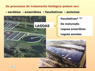 Os processos de tratamento biológico podem ser:
- aeróbios - anaeróbios - facultativos - anóxicos
LAGOASLAGOAS
-Facultativas*Facultativas*
-De maturaçãoDe maturação
-Lagoas anaeróbiasLagoas anaeróbias
-Lagoas aeradasLagoas aeradas
 