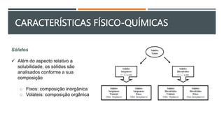 CARACTERÍSTICAS FÍSICO-QUÍMICAS
Sólidos
 Além do aspecto relativo a
solubilidade, os sólidos são
analisados conforme a sua
composição
o Fixos: composição inorgânica
o Voláteis: composição orgânica
 