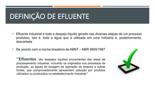 DEFINIÇÃO DE EFLUENTE
 Efluente industrial é todo o despejo líquido gerado nas diversas etapas de um processo
produtivo, isto é, toda a água que é utilizada em uma indústria e, posteriormente,
descartada
 De acordo com a norma brasileira da ABNT – NBR 9800/1987
“Efluentes são despejos líquidos provenientes das áreas de
processamento industrial, incluindo os originados nos processos de
produção, as águas de lavagem de operação de limpeza e outras
fontes, que comprovadamente apresentem poluição por produtos
utilizados ou produzidos no estabelecimento industrial.”
 