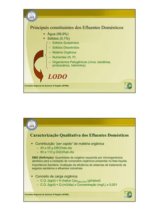 Principais constituintes dos Efluentes Domésticos
                       Água (99,9%)
                       Sólidos (0,1%)
                         – Sólidos Suspensos
                         – Sólidos Dissolvidos
                         – Matéria Orgânica
                         – Nutrientes (N, P)
                         – Organismos Patogênicos (vírus, bactérias,
                           protozoários, helmintos)


                        LODO
Conselho Regional de Química IV Região (SP/MS)




     Caracterização Qualitativa dos Efluentes Domésticos
           Contribuição “per capita” de matéria orgânica
            – 45 a 55 g DBO/hab.dia
            – 90 a 110 g DQO/hab.dia
       DBO (Definição): Quantidade de oxigênio requerida por microrganismos
       aeróbios para a oxidação de compostos orgânicos presentes na fase líquida.
       Importância Sanitária: Avaliação da eficiência de sistemas de tratamento de
       esgotos sanitários e efluentes industriais

           Conceito de carga orgânica
            – C.O. (kg/d) = H (hab)x CpcDBO,DQO (g/habxd)
            – C.O. (kg/d) = Q (m3/dia) x Concentração (mg/L) x 0,001


Conselho Regional de Química IV Região (SP/MS)
 