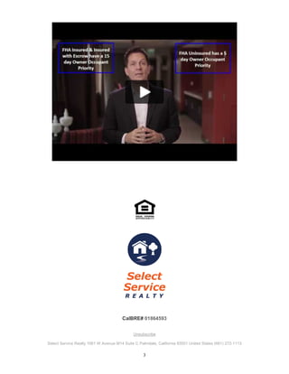 3
CalBRE# 01864593
Unsubscribe
Select Service Realty 1061 W Avenue M14 Suite C Palmdale, California 93551 United States (661) 272-1113
 