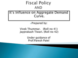 It’s Influence on Aggregate Demand
Curve.
Prepared by:
Vivek Thummar. (Roll no 41)
Jayprakash Tiwari. (Roll no 42)
Under guidance of
Prof:Paresh Patel
 