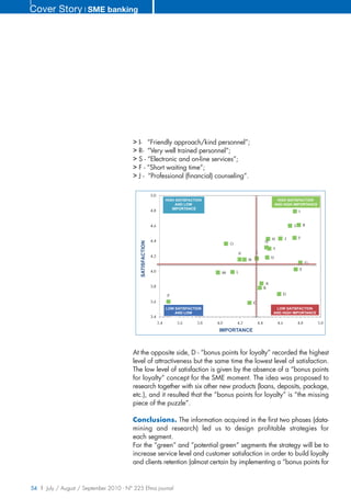Cover Story ❘ SME banking




                                        > I- “Friendly approach/kind personnel”;
                                        > R- “Very well trained personnel”;
                                        > S - “Electronic and on-line services”;
                                        > F - “Short waiting time”;
                                        > J - “Professional (financial) counseling”.


                                                          HIGH SATISFACTION                    HIGH SATISFACTION
                                                               AND LOW                        AND HIGH IMPORTANCE
                                                             IMPORTANCE
                                           SATISFACTION




                                                          LOW SATISFACTION                    LOW SATISFACTION
                                                              AND LOW                        AND HIGH IMPORTANCE
                                                            IMPORTANCE


                                                                              IMPORTANCE



                                        At the opposite side, D - “bonus points for loyalty” recorded the highest
                                        level of attractiveness but the same time the lowest level of satisfaction.
                                        The low level of satisfaction is given by the absence of a “bonus points
                                        for loyalty” concept for the SME moment. The idea was proposed to
                                        research together with six other new products (loans, deposits, package,
                                        etc.), and it resulted that the “bonus points for loyalty” is “the missing
                                        piece of the puzzle”.

                                        Conclusions. The information acquired in the first two phases (data-
                                        mining and research) led us to design profitable strategies for
                                        each segment.
                                        For the “green” and “potential green” segments the strategy will be to
                                        increase service level and customer satisfaction in order to build loyalty
                                        and clients retention (almost certain by implementing a “bonus points for


54 | July / August / September 2010 - N° 225 Efma journal
 