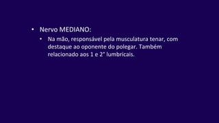 • Nervo MEDIANO:
• Na mão, responsável pela musculatura tenar, com
destaque ao oponente do polegar. Também
relacionado aos 1 e 2° lumbricais.
 