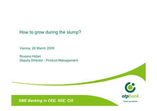 How to grow during the slump?


Vienna, 26 March 2009

Roxana Hid
R      Hidan
Deputy Director - Product Management




SME Banking in CEE, SEE, CIS           Avem încredere
 