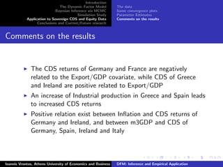 Introduction
The Dynamic Factor Model
Bayesian Inference via MCMC
Simulation Study
Application to Sovereign CDS and Equity Data
Conclusions and Current/Future research
The data
Some convergence plots
Parameter Estimates
Comments on the results
Comments on the results
The CDS returns of Germany and France are negatively
related to the Export/GDP covariate, while CDS of Greece
and Ireland are positive related to Export/GDP
An increase of Industrial production in Greece and Spain leads
to increased CDS returns
Positive relation exist between Inﬂation and CDS returns of
Germany and Ireland, and between m3GDP and CDS of
Germany, Spain, Ireland and Italy
Ioannis Vrontos, Athens University of Economics and Business DFM: Inference and Empirical Application
 