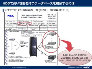 4 © NEC Corporation 2016
HDDで高い性能を持つデータベースを構築するには
▌NECのTPC-C公表結果の一例 (公表日: 2008年1月21日)
1.2M tpmCの達成には
2000台以上のHDDが必要
(tpmC: １分間あたりのトランザクション実行数)
 
