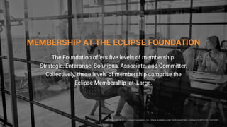 MEMBERSHIP AT THE ECLIPSE FOUNDATION
The Foundation offers five levels of membership:
Strategic, Enterprise, Solutions, Associate, and Committer.
Collectively, these levels of membership comprise the
Eclipse Membership-at-Large.
Copyright © 2019, Eclipse Foundation, Inc. | Made Available under the Eclipse Public License 2.0 (EPL-2.0) | v2019-03
 