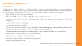 Strategic Members
Strategic Members play an integral role in the Eclipse ecosystem. Strategic members are organizations that view participation in
Eclipse projects as strategic to their business and are investing significant developer and other resources to further drive Eclipse
technology. Typically, Strategic Members lead one or more top-level project. Strategic membership benefits include:
»» A seat on Board of Directors of Eclipse Foundation
»» A seat on Foundation councils, including both the Planning and Architecture councils
»» Access to a number of Strategic Members Only Programs such as banner and logo promotion on eclipse.org and eclipse.org/
downloads
»» Intellectual Property Analysis and Reporting
»» Help to launch Open Source initiative(s)
»» Direct influence through Board voting rights on key aspects of the Eclipse ecosystem, including licensing, governing policy
development, project reviews, and amendments to Membership Agreement and Bylaws
»» Significant discounts towards sponsorship and attendance of Eclipse Foundation run events such as EclipseCons
»» Access to Eclipse Foundation marketing and advertising programs
»» Ability to lead in the establishment of Working Groups
»» Access to Information (mail lists, attend members-only meetings)
»» Show of support (logo exchange, etc.)
BENEFITS BY MEMBERSHIP LEVEL
Copyright © 2019, Eclipse Foundation, Inc. | Made Available under the Eclipse Public License 2.0 (EPL-2.0) | v2019-03
 