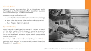 Associate Members
Associate Members are organizations that participate in and want to
show support for, the Eclipse ecosystem. Many research and educational
institutions choose to join as an Associate member.
Associate membership benefits include:
»» Access to Information (mail lists, attend members-only meetings)
»» Ability to join select Eclipse Working Groups as a Guest member
»» Show of support (logo exchange, etc.)
Committer Members
Eclipse Foundation’s governance model provides individual committers
with the ability to become full members and includes representation on
the Eclipse Board of Directors. Committer Members are individuals that
are the core developers of the Eclipse projects and can commit changes
to project source code.
Learn more about Committer membership in the Eclipse Foundation here.
Additional details regarding the various membership levels in the Eclipse
Foundation are available here.
Copyright © 2019, Eclipse Foundation, Inc. | Made Available under the Eclipse Public License 2.0 (EPL-2.0) | v2019-03
 