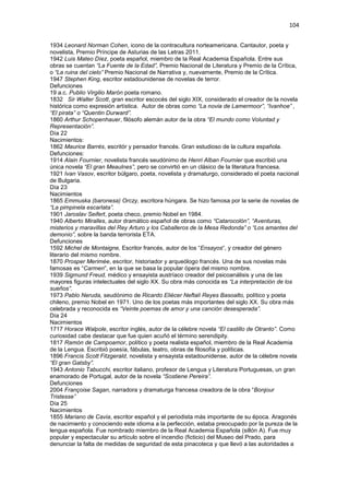 104
1934 Leonard Norman Cohen, icono de la contracultura norteamericana. Cantautor, poeta y
novelista, Premio Príncipe de Asturias de las Letras 2011.
1942 Luis Mateo Díez, poeta español, miembro de la Real Academia Española. Entre sus
obras se cuentan “La Fuente de la Edad”, Premio Nacional de Literatura y Premio de la Crítica,
o “La ruina del cielo” Premio Nacional de Narrativa y, nuevamente, Premio de la Crítica.
1947 Stephen King, escritor estadounidense de novelas de terror.
Defunciones
19 a.c. Publio Virgilio Marón poeta romano.
1832 Sir Walter Scott, gran escritor escocés del siglo XIX, considerado el creador de la novela
histórica como expresión artística. Autor de obras como “La novia de Lamermoor”, “Ivanhoe” ,
“El pirata” o “Quentin Durward”.
1860 Arthur Schopenhauer, filósofo alemán autor de la obra “El mundo como Voluntad y
Representación”.
Día 22
Nacimientos:
1862 Maurice Barrès, escritór y pensador francés. Gran estudioso de la cultura española.
Defunciones:
1914 Alain Fournier, novelista francés seudónimo de Henri Alban Fournier que escribió una
única novela “El gran Meaulnes”, pero se convirtió en un clásico de la literatura francesa.
1921 Ivan Vasov, escritor búlgaro, poeta, novelista y dramaturgo, considerado el poeta nacional
de Bulgaria.
Día 23
Nacimientos
1865 Emmuska (baronesa) Orczy, escritora húngara. Se hizo famosa por la serie de novelas de
“La pimpinela escarlata”.
1901 Jaroslav Seifert, poeta checo, premio Nobel en 1984.
1940 Alberto Miralles, autor dramático español de obras como “Catarocolón”, “Aventuras,
misterios y maravillas del Rey Arturo y los Caballeros de la Mesa Redonda” o “Los amantes del
demonio”, sobre la banda terrorista ETA.
Defunciones
1592 Michel de Montaigne, Escritor francés, autor de los “Ensayos“, y creador del género
literario del mismo nombre.
1870 Prosper Merimée, escritor, historiador y arqueólogo francés. Una de sus novelas más
famosas es “Carmen”, en la que se basa la popular ópera del mismo nombre.
1939 Sigmund Freud, médico y ensayista austríaco creador del psicoanálisis y una de las
mayores figuras intelectuales del siglo XX. Su obra más conocida es “La interpretación de los
sueños”.
1973 Pablo Neruda, seudónimo de Ricardo Eliécer Neftalí Reyes Basoalto, político y poeta
chileno, premio Nobel en 1971. Uno de los poetas más importantes del siglo XX. Su obra más
celebrada y reconocida es “Veinte poemas de amor y una canción desesperada”.
Día 24
Nacimientos
1717 Horace Walpole, escritor inglés, autor de la célebre novela “El castillo de Otranto”. Como
curiosidad cabe destacar que fue quien acuñó el término serendipity.
1817 Ramón de Campoamor, político y poeta realista español, miembro de la Real Academia
de la Lengua. Escribió poesía, fábulas, teatro, obras de filosofía y políticas.
1896 Francis Scott Fitzgerald, novelista y ensayista estadounidense, autor de la célebre novela
“El gran Gatsby”.
1943 Antonio Tabucchi, escritor italiano, profesor de Lengua y Literatura Portuguesas, un gran
enamorado de Portugal, autor de la novela “Sostiene Pereira”.
Defunciones
2004 Françoise Sagan, narradora y dramaturga francesa creadora de la obra “Bonjour
Tristesse”
Día 25
Nacimientos
1855 Mariano de Cavia, escritor español y el periodista más importante de su época. Aragonés
de nacimiento y conociendo este idioma a la perfección, estaba preocupado por la pureza de la
lengua española. Fue nombrado miembro de la Real Academia Española (sillón A). Fue muy
popular y espectacular su artículo sobre el incendio (ficticio) del Museo del Prado, para
denunciar la falta de medidas de seguridad de esta pinacoteca y que llevó a las autoridades a
 