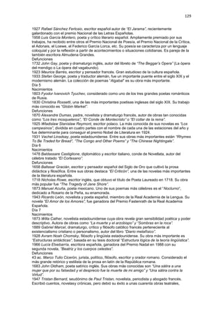 129
1927 Rafael Sánchez Ferlosio, escritor español autor de “El Jarama”, recientemente
galardonado con el premio Nacional de las Letras Españolas.
1958 Luis García Montero, poeta y crítico literario español. Ampliamente premiado por sus
trabajos, ha recibido entre otros el Premio Nacional de Poesía, el Premio Nacional de la Crítica,
el Adonais, el Loewe, el Federico García Lorca, etc. Su poesía se caracteriza por un lenguaje
coloquial y por la reflexión a partir de acontecimientos o situaciones cotidianas. Es pareja de la
también escritora Almudena Grandes.
Defunciones
1732 John Gay, poeta y dramaturgo inglés, autor del libreto de “The Beggar’s Opera” (La ópera
del mendigo o La ópera del vagabundo).
1923 Maurice Barrès, escritor y pensador francés. Gran estudioso de la cultura española.
1933 Stefan George, poeta y traductor alemán, fue un importante puente entre el siglo XIX y el
modernismo alemán. La colección de poemas “Algabal” es su obra más importante.
Día 5
Nacimientos
1803 Fyodor Ivanovich Tyuchev, considerado como uno de los tres grandes poetas románticos
de Rusia.
1830 Christina Rossetti, una de las más importantes poetisas inglesas del siglo XIX. Su trabajo
más conocido es “Globin Market”.
Defunciones
1870 Alexandre Dumas, padre, novelista y dramaturgo francés, autor de obras tan conocidas
como “Los tres mosqueteros”, “El Conde de Montecristo” o “El collar de la reina”.
1925 Wladislaw Stanislaw Reymont, escritor polaco. La más conocida de sus novelas es “Los
campesinos”, dividida en cuatro partes con el nombre de cada una de las estaciones del año y
fue determinante para conseguir el premio Nobel de Literatura en 1924.
1931 Vachel Linsdsay, poeta estadounidense. Entre sus obras más importantes están “Rhymes
To Be Traded for Bread”, “The Congo and Other Poems” y “The Chinese Nightingale”.
Día 6
Nacimientos
1478 Baldassare Castiglione, diplomático y escritor italiano, conde de Novellata, autor del
célebre tratado “El Cortesano”.
Defunciones
1658 Baltasar Gracián, escritor y pensador español del Siglo de Oro que cultivó la prosa
didáctica y filosófica. Entre sus obras destaca “El Criticón”, una de las novelas más importantes
de la literatura española.
1718 Nicholas Rowe, escritor inglés, que obtuvo el título de Poeta Laureado en 1718. Su obra
más popular fue “The Tragedy of Jane Shore”.
1873 Manuel Acuña, poeta mexicano. Uno de sus poemas más célebres es el “Nocturno“,
dedicado a Rosario de la Peña, su enamorada.
1943 Ricardo León, novelista y poeta español, miembro de la Real Academia de la Lengua. Su
novela “El Amor de los Amores”, fue ganadora del Premio Fastenrath de la Real Academia
Española.
Día 7
Nacimientos
1873 Willa Cather, novelista estadounidense cuya obra revela gran sensibilidad poética y poder
descriptivo. Autora de obras como “La muerte y el arzobispo” y “Sombras en la roca”.
1889 Gabriel Marcel, dramaturgo, crítico y filósofo católico francés perteneciente al
existencialismo cristiano o personalismo, autor del libro “Diario metafísico”.
1928 Avram Noah Chomsky, filósofo y lingüista estadounidense. Su obra más importante es
“Estructuras sintácticas”, basada en su tesis doctoral “Estructura lógica de la teoría lingüística”.
1966 Lucía Etxebarría, escritora española, ganadora del Premio Nadal en 1988 con su
segunda novela, “Beatriz y los cuerpos celestes”.
Defunciones
43 ac. Marco Tulio Cicerón, jurista, político, filósofo, escritor y orador romano. Considerado el
más grande retórico y estilista de la prosa en latín de la República romana.
1683 John Oldham, poeta satírico inglés. Sus obras más conocidas son “Una sátira a una
mujer que por su falsedad y el desprecio fue la muerte de mi amigo” y “Una sátira contra la
Virtud”.
1947 Tristan Bernard, seudónimo de Paul Tristan, novelista, periodista y abogado francés.
Escribió cuentos, novelasy crónicas, pero debió su éxito a unas cuarenta obras teatrales,
 
