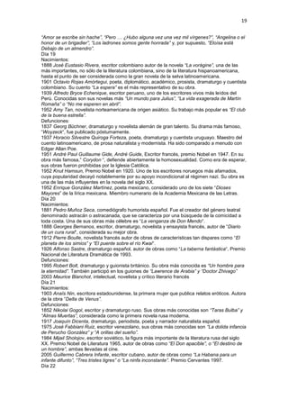 19
“Amor se escribe sin hache”, “Pero … ¿Hubo alguna vez una vez mil vírgenes?”, “Angelina o el
honor de un brigadier”, “Los ladrones somos gente honrada” y, por supuesto, “Eloísa está
Debajo de un almendro”.
Día 19
Nacimientos:
1888 José Eustasio Rivera, escritor colombiano autor de la novela “La vorágine”, una de las
más importantes, no sólo de la literatura colombiana, sino de la literatura hispanoamericana,
hasta el punto de ser considerada como la gran novela de la selva latinoamericana.
1901 Octavio Rojas Amórtegui, poeta, diplomático, académico, prosista, dramaturgo y cuentista
colombiano. Su cuento “La espera” es el más representativo de su obra.
1939 Alfredo Bryce Echenique, escritor peruano, uno de los escritores vivos más leídos del
Perú. Conocidas son sus novelas más “Un mundo para Julius”, “La vida exagerada de Martín
Romaña” o “No me esperen en abril”.
1952 Amy Tan, novelista norteamericana de origen asiático. Su trabajo más popular es “El club
de la buena estrella”.
Defunciones:
1837 Georg Büchner, dramaturgo y novelista alemán de gran talento. Su drama más famoso,
“Woyzeck“, fue publicado póstumamente.
1937 Horacio Silvestre Quiroga Forteza, poeta, dramaturgo y cuentista uruguayo. Maestro del
cuento latinoamericano, de prosa naturalista y modernista. Ha sido comparado a menudo con
Edgar Allan Poe.
1951 André Paul Guillaume Gide, André Guide, Escritor francés, premio Nobel en 1947. En su
obra más famosa,” Corydon “, defiende abiertamente la homosexualidad. Como era de esperar,
sus obras fueron prohibidas por la Iglesia Católica.
1952 Knut Hamsun, Premio Nobel en 1920. Uno de los escritores noruegos más afamados,
cuya popularidad decayó notablemente por su apoyo incondicional al régimen nazi. Su obra es
una de las más influyentes en la novela del siglo XX.
1952 Enrique González Martínez, poeta mexicano, considerado uno de los siete “Dioses
Mayores” de la lírica mexicana. Miembro numerario de la Academia Mexicana de las Letras.
Día 20
Nacimientos:
1881 Pedro Muñoz Seca, comediógrafo humorista español. Fue el creador del género teatral
denominado astracán o astracanada, que se caracteriza por una búsqueda de la comicidad a
toda costa. Una de sus obras más célebre es “La venganza de Don Mendo“.
1888 Georges Bernanos, escritor, dramaturgo, novelista y ensayista francés, autor de “Diario
de un cura rural“, considerada su mejor obra.
1912 Pierre Boulle, novelista francés autor de obras de características tan dispares como “El
planeta de los simios” y “El puente sobre el río Kwai“.
1926 Alfonso Sastre, dramaturgo español, autor de obras como “La taberna fantástica“, Premio
Nacional de Literatura Dramática de 1993.
Defunciones:
1995 Robert Bolt, dramaturgo y guionista británico. Su obra más conocida es “Un hombre para
la eternidad”. También participó en los guiones de “Lawrence de Arabia” y “Doctor Zhivago”
2003 Maurice Blanchot, intelectual, novelista y crítico literario francés
Día 21
Nacimientos:
1903 Anaïs Nin, escritora estadounidense, la primera mujer que publica relatos eróticos. Autora
de la obra “Delta de Venus”.
Defunciones:
1852 Nikolai Gogol, escritor y dramaturgo ruso. Sus obras más conocidas son “Taras Bulba” y
“Almas Muertas”, considerada como la primera novela rusa moderna.
1917 Joaquín Dicenta, dramaturgo, periodista, poeta y narrador naturalista español.
1975 José Fabbiani Ruiz, escritor venezolano, sus obras más conocidas son “La dolida infancia
de Perucho González” y “A orillas del sueño”.
1984 Mijail Sholojov, escritor soviético, la figura más importante de la literatura rusa del siglo
XX. Premio Nobel de Literatura 1965, autor de obras como “El Don apacible”, o “El destino de
un hombre”, ambas llevadas al cine.
2005 Guillermo Cabrera Infante, escritor cubano, autor de obras como “La Habana para un
infante difunto”, “Tres tristes tigres” o “La ninfa inconstante”. Premio Cervantes 1997.
Día 22
 