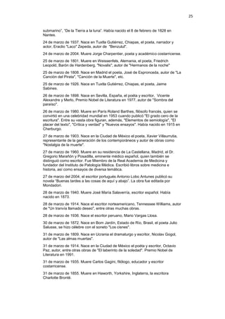 25
submarino”, “De la Tierra a la luna”. Había nacido el 8 de febrero de 1828 en
Nantes.
24 de marzo de 1937. Nace en Tuxtla Gutiérrez, Chiapas, el poeta, narrador y
actor, Eraclio "Laco" Zepeda, autor de "Benzulul".
24 de marzo de 2004. Muere Jorge Charpentier, poeta y académico costarricense.
25 de marzo de 1801. Muere en Weissenfels, Alemania, el poeta, Friedrich
Leopold, Barón de Hardenberg, "Novalis", autor de "Hermanos de la noche"
25 de marzo de 1808. Nace en Madrid el poeta, José de Espronceda, autor de "La
Canción del Pirata", "Canción de la Muerte", etc.
25 de marzo de 1926. Nace en Tuxtla Gutiérrez, Chiapas, el poeta, Jaime
Sabines.
26 de marzo de 1898. Nace en Sevilla, España, el poéta y escritor, Vicente
Alexandre y Merlo, Premio Nobel de Literatura en 1977, autor de "Sombra del
paraíso".
26 de marzo de 1980. Muere en París Roland Barthes, filósofo francés, quien se
convirtió en una celebridad mundial en 1953 cuando publicó "El grado cero de la
escritura". Entre su vasta obra figuran, además, "Elementos de semiología", "El
placer del texto", "Crítica y verdad" y "Nuevos ensayos". Había nacido en 1915 en
Cherburgo.
27 de marzo de 1903. Nace en la Ciudad de México el poeta, Xavier Villaurrutia,
representante de la generación de los contemporáneos y autor de obras como
"Nostalgia de la muerte".
27 de marzo de 1960. Muere en su residencia de La Castellana, Madrid, el Dr.
Gregorio Marañón y Posadilla, eminente médico español, quien también se
distinguió como escritor. Fue Miembro de la Real Academia de Medicina y
fundador del Instituto de Patología Médica. Escribió libros sobre medicina e
historia, así como ensayos de diversa temática.
27 de marzo del 2004, el escritor portugués Antonio Lobo Antunes publicó su
novela “Buenas tardes a las cosas de aquí y abajo”. La obra fue editada por
Mondadori.
28 de marzo de 1940. Muere José María Salaverría, escritor español. Había
nacido en 1873.
28 de marzo de 1914. Nace el escritor norteamericano, Tennessee Williams, autor
de "Un tranvía llamado deseo", entre otras muchas obras.
28 de marzo de 1936. Nace el escritor peruano, Mario Vargas Llosa.
30 de marzo de 1872. Nace en Bom Jardín, Estado de Río, Brasil, el poeta Julio
Salusse, se hizo célebre con el soneto "Los cisnes".
31 de marzo de 1809. Nace en Ucrania el dramaturgo y escritor, Nicolav Gogol,
autor de "Las almas muertas".
31 de marzo de 1914. Nace en la Ciudad de México el poéta y escritor, Octavio
Paz, autor, entre otras obras de "El laberinto de la soledad". Premio Nobel de
Literatura en 1991.
31 de marzo de 1935. Muere Carlos Gagini, filólogo, educador y escritor
costarricense.
31 de marzo de 1855. Muere en Haworth, Yorkshire, Inglaterra, la escritora
Charlotte Brontë.
 