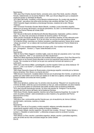 69
Nacimientos
1905 Jean-Paul Charles Aymard Sartre, conocido como Jean-Paul Sarte, escritor y filósofo
francés. Galardonado con el premio Nobel en 1964, que rehusó alegando que su aceptación
implicaría perder su identidad de filósofo.
1912 Mary McCarthy, novelista y crítica literaria norteamericana. Su novela más popular es,
“The Group”, que estuvo dos años entre los libros más vendidos del New York Times.
1935 Françoise Sagan,narradora y dramaturga francesa, creadora de la obra “Bonjour
Tristesse”.
1947 Fernando Fernández-Savater Martín,filósofo, novelista y autor dramático español,
destaca en el campo del ensayo y el artículo periodístico. Su obra “La hermandad de la buena
suerte” fue Premio Planeta de novela 2008.
Defunciones
1527 Niccolò di Bernardo dei Machiavelli (Nicolás Maquiavelo), historiador, político y teórico
italiano. Su obra más conocida es el tratado de doctrina política “El Príncipe”.
1828 Leandro Fernández de Moratín,poeta y autor dramático español, el más relevante autor
de teatro del siglo XVIII español. “El sí de las niñas”,es una de sus más populares obras.
1914 Bertha Kinský, baronesa von Suttner,narradora y pacifista austríaca. Autora de la novela
“¡Abajo las armas!”, en un clásico del movimiento pacifista internacional. Premio Nobel de la
Paz 1905.
2003 Leon Uris,novelista estadounidense de origen judío. Sus novelas más famosas
son “Armagedon“, “Exodus” y “Topaz”,todas llevadas al cine.
Día 22
Nacimientos
1856 Sir Henry Rider Haggard, novelista inglés, autor de obras tan populares como “Las minas
del Rey Salomón”, “Ella” o “Las aventuras de Allan Quatermain”.
1898 Erich Maria Remarque,seudónimo del novelista alemán posguerra, Erich Paul Remark.Su
participación en la Primera Guerra Mundial, le sirvió de inspiración para escribir su mejor
novela, “Sin novedad en el frente”,en la que nos cuenta los horrores del nazismo y el
sufrimiento.
1936 Juan José Alonso Millán, comediógrafo y escritor español. Entre sus obras destacan “El
cianuro, ¿solo o con leche?” y “Cuéntalo tú que tienes más gracia”.
Defunciones
1865 Ángel Saavedra (duque de Rivas),poeta y dramaturgo español, conocido por su famoso
drama romántico “Don Álvaro o La fuerza del sino”.
1968 Giovanni Guareschi, novelista italiano famoso por el personaje Don Camilo, un párroco de
pueblo que solía hablar con el Cristo que estaba en el altar de su iglesia, enemigo acérrimo de
Peppone alcalde comunista del mismo pueblo.
Día 23
Nacimientos
1889 Anna Ajmátova, poetisa rusa. Su emotivo ciclo de poemas “Réquiem”,en recuerdo de las
víctimas de Stalin, entre las que se encontraba su hijo Lev, está considerado una obra maestra
y un monumento poético al sufrimiento del pueblo soviético bajo la dictadura estalinista.
1910 Jean Anouilh,dramaturgo francés. Su obra más popular es “Antígona”.Fue el primer
ganador del Gran premio del teatro de la Academia francesa.
1939 Álvaro Pombo, literato español, miembro de la Real Academia Española. Su novela “El
metro de platino iridiado”, está considerada su obra maestra y fue ganadora del Premio
Nacional de la Crítica.
Defunciones
1959 Boris Vian, controvertido escritor francés que, con el seudónimo de Vernon Sullivan,
escribió teatro, canciones, cuentos y novelas
Día 24
Nacimientos
1542 San Juan de la Cruz,poeta y místico español, religioso carmelita descalzo del
renacimiento español, patrón de los poetas en lengua castellana.
1911 Ernesto Sábato, escritor argentino. Ha escrito tres novelas, “El túnel”, “Sobre héroes y
tumbas” y “Abaddón el exterminador”, y diferentes ensayos sobre la condición humana.
Defunciones
1935 Alfredo Le Pera, escritor y periodista argentino, letrista, escritor y periodista argentino,
autor de la letra de los más conocidos tangos de Carlos Gardel.
Día 25
 