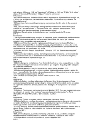 87
este género, el Hugo en 1962 por “Invernáculo”, el Nébula en 1965 por “El árbol de la saliva” y
el John W. Campbell Memorial en 1982 por “Heliconia primavera”.
Defunciones
1850 Honoré de Balzac, novelista francés, el más importante de la primera mitad del siglo XIX,
y el principal representante, de la llamada novela realista. Su obra más importante es “La
Comedia humana”.
1961 Leonhard Frank, novelista y dramaturgo expresionista alemán, autor de “La banda de
ladrones”.
1995 Julio Caro Baroja, antropólogo, etnólogo e historiador español, Premio Príncipe de
Asturias de Ciencias Sociales y Comunicación de 1983, y Premio Nacional de las Letras
Españolas 1985. Miembro de la Real Academia de la Lengua.
2000 Albert Samain, poeta simbolista francés que inventó el soneto de 15 versos.
DÍA 19
Nacimientos
1398 Íñigo López de Mendoza, (marqués de Santillana), poeta castellano del prerrenacimiento.
Es especialmente recordado por sus serranillas, poemitas de arte menor que tratan del
encuentro entre un caballero y una campesina.
1689 Samuel Richardson, escritor inglés que escribió su primera novela con 51 años, e
inmediatamente se convirtió en el escritor más popular y admirado de su tiempo. Su novela
más conocida es “Pamela o la virtud recompensada”, novela romántica epistolar narrada en
primera persona, que generó toda una moda.
1930 Frank McCourt, ganador de un Premio Pulitzer en 1997 por “Las cenizas de Ángela”.
Defunciones
1936 Federico García Lorca, poeta y dramaturgo español, perteneciente a la Generación del
27, también conocido por su destreza en muchas otras artes. Es el poeta más influyente y
popular de la literatura española del siglo XX.
DÍA 20
Nacimientos
1885 Dino Campana, poeta italiano. “Los Cantos Orficos”, es su única obra publicada en vida,
libro imprescindible para los nuevos líricos italianos que surgieron después y sobre todo para
los poetas del hermetismo.
1862 Maurice Maeterlinck, escritor y dramaturgo belga, premio Nobel en 1911.
1890 Howard Philips Lovecraft, innovador novelista estadounidense de novelas y relatos de
terror y ciencia ficción. Uno de los más populares escritores del cuento de terror, al que aportó
una mitología propia (los mitos de Cthulhu).
1901 Salvatore Quasimodo, poeta italiano, premio Nobel en 1959.
DÍA 21
Nacimientos
1862 Emilio Salgari, novelista italiano autor de famosos libros de aventuras para niños y
adolescentes que han gozado siempre de gran éxito por el dinamismo de la acción evocadora
de sugerentes ambientes. Entre sus obras están “Los tigres de Mompracem” o El corsario
negro”.
Defunciones
1943 Henryk Pontoppidan, escritor danés, premio Nobel en 1917. Entre sus obras encontramos
su colección de cuentos “Alas cortadas” o sus populares series de novelas “La Tierra
Prometida”, “Pedro el Afortunado” y “El reino de los muertos”.
DÍA 22
Nacimientos
1860 Gustav Fröding, uno de los mejores poetas de la historia de Suecia.
1893 Dorothy Parker, novelista, dramaturga y poetisa estadounidense. La parte más importante
de la obra de Parker la constituyen sus cuentos de cáustico ingenio, sarcásticos, jocosos,
sobrios y punzantes pero con un fondo más agridulce que cómico.
1920 Ray Bradbury, escritor estadounidense de novelas del género fantástico, misterio terror y
ciencia ficción. Sus obras más conocidas son “Crónicas Marcianas” y la novela distópica
“Fahrenheit 451”.
Defunciones
1891 Jan Neruda, poeta, cuentista, dramaturgo y novelista checo, uno de los principales
representantes del realismo checo. Su obra más famosa es “Cuentos de Malá Strana”.
1958 Roger Martin du Gard, escritor francés, premio Nobel en 1937.
DÍA 23
 
