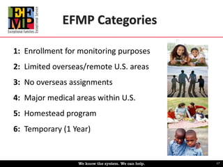 EFMP Categories 
1: Enrollment for monitoring purposes 
2: Limited overseas/remote U.S. areas 
3: No overseas assignments ...