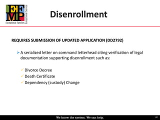 Disenrollment 
REQUIRES SUBMISSION OF UPDATED APPLICATION (DD2792) 
 A serialized letter on command letterhead citing ver...