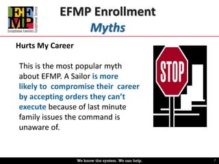 EFMP Enrollment 
Hurts My Career 
Myths 
This is the most popular myth 
about EFMP. A Sailor is more 
likely to compromise...