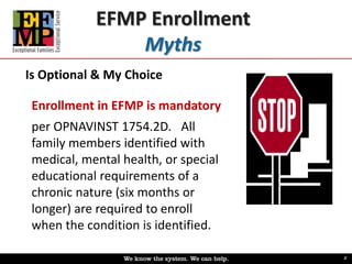 EFMP Enrollment 
Myths 
Is Optional & My Choice 
Enrollment in EFMP is mandatory 
per OPNAVINST 1754.2D. All 
family membe...