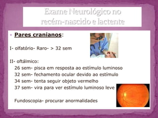  Pares cranianos:

I- olfatório- Raro- > 32 sem

II- oftálmico:
   26 sem- pisca em resposta ao estímulo luminoso
   32 sem- fechamento ocular devido ao estímulo
   34 sem- tenta seguir objeto vermelho
   37 sem- vira para ver estímulo luminoso leve

  Fundoscopia- procurar anormalidades
 