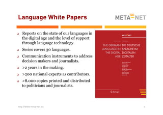 Language White Papers
q 

q 
q 

Reports on the state of our languages in
the digital age and the level of support
through language technology.
Series covers 30 languages.
Communication instruments to address
decision makers and journalists.

q 

>2 years in the making.

q 

>200 national experts as contributors.

q 

>8.000 copies printed and distributed
to politicians and journalists.

http://www.meta-net.eu

4

 