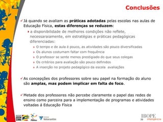 Conclusões

 Já quando se avaliam as práticas adotadas pelas escolas nas aulas de
  Educação Física, estas diferenças se reduzem:
   a disponibilidade de melhores condições não reflete,
    necessaraiamente, em estratégias e práticas pedagógicas
    diferenciadas:
      » O tempo e de aula é pouco, as atividades são pouco diversificadas
      » Os alunos costumam faltar com frequência
      » O professor se sente menos prestigiado do que seus colegas
      » Os critérios para avaliação são pouco definidos
      » A inserção no projeto pedagógico da escola avaliações


 As concepções dos professores sobre seu papel na formação do aluno
  são amplas, mas podem implicar em falta de foco.


 Metade dos professores não percebe claramente o papel das redes de
  ensino como parceira para a implementação de programas e atividades
  voltadas á Educação Física


                                                                       39
 