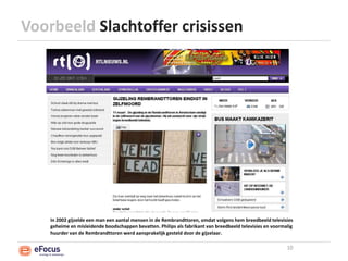 Voorbeeld Slachtoffer crisissen10In 2002 gijzelde een man een aantal mensen in de Rembrandttoren, omdat volgens hem breedbeeld televisies geheime en misleidende boodschappen bevatten. Philips als fabrikant van breedbeeld televisies en voormalig huurder van de Rembrandttoren werd aansprakelijk gesteld door de gijzelaar.