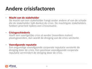 Andere crisisfactorenMacht van de stakeholderDe macht van een stakeholder hangt onder andere af van de schade die de stakeholder lijdt dankzij de crisis. De machtigste stakeholders hebben prioriteit tijdens een crisissituatie. CrisisgeschiedenisHeeft een soortgelijke crisis al eerder (meerdere malen) plaatsgevonden, dan wordt de dreiging van de crisis versterkt.Voorafgaande reputatieEen ongunstige voorafgaande corporate reputatie versterkt de dreiging door de crisis. Een positieve voorafgaande corporate reputatie vermindert de dreiging door de crisis.16