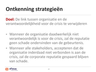 Ontkenning strategieënDoel: De link tussen organisatie en de verantwoordelijkheid voor de crisis te verwijderenWanneer de organisatie daadwerkelijk niet verantwoordelijk is voor de crisis, zal de reputatie geen schade ondervinden van de gebeurtenis. Wanneer alle stakeholders, accepteren dat de organisatie inderdaad niet verbonden is aan de crisis, zal de corporate reputatie gespaard blijven van schade.20