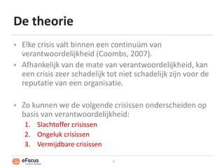 De theorieElke crisis valt binnen een continuüm van verantwoordelijkheid (Coombs, 2007). Afhankelijk van de mate van verantwoordelijkheid, kan een crisis zeer schadelijk tot niet schadelijk zijn voor de reputatie van een organisatie.Zo kunnen we de volgende crisissen onderscheiden op basis van verantwoordelijkheid:Slachtoffer crisissenOngeluk crisissenVermijdbare crisissen6