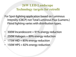 26W LED Landscape
          Technology targets for retrofit

For Spot-lighting application based on Luminous
  Intensity (CBCP) not Total Luminous Flux (Lumens.)
  Flood lighting varies with distribution types.

•   300W Incandescent = 91% energy reduction
•   250W Halogen = 89% energy reduction
•   175W HID = 85% energy reduction
•   150W HPS = 82% energy reduction
 