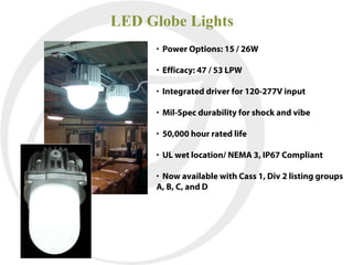 LED Globe Lights
     • Power Options: 15 / 26W

     • Efficacy: 47 / 53 LPW

     • Integrated driver for 120-277V input

     • Mil-Spec durability for shock and vibe

     • 50,000 hour rated life

     • UL wet location/ NEMA 3, IP67 Compliant

     • Now available with Cass 1, Div 2 listing groups
     A, B, C, and D
 