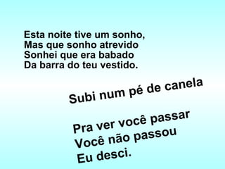 Esta noite tive um sonho,   Mas que sonho atrevido   Sonhei que era babado   Da barra do teu vestido.   Subi num pé de canela   Pra ver você passar   Você não passou   Eu desci.   